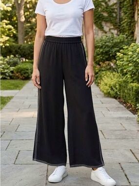 Amanda Green Black Wide-Leg Culotte Palazzo Pants Contrast Stitching Luxury Chic